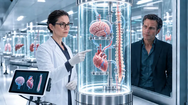 Dr. Fuller showing Tom Jeffries an advanced biological experiment inside her laboratory