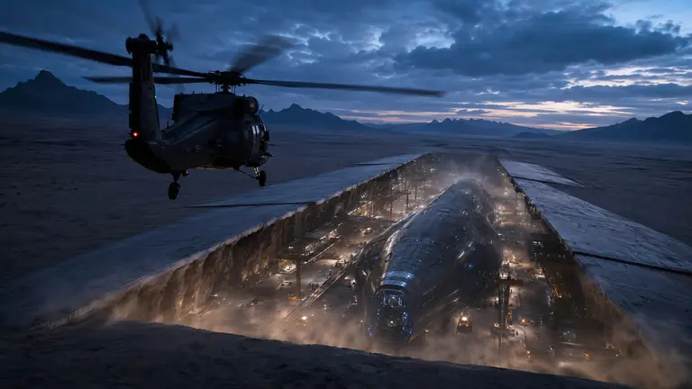 A helicopter approaching a vast subterranean hangar containing the Majesty spacecraft