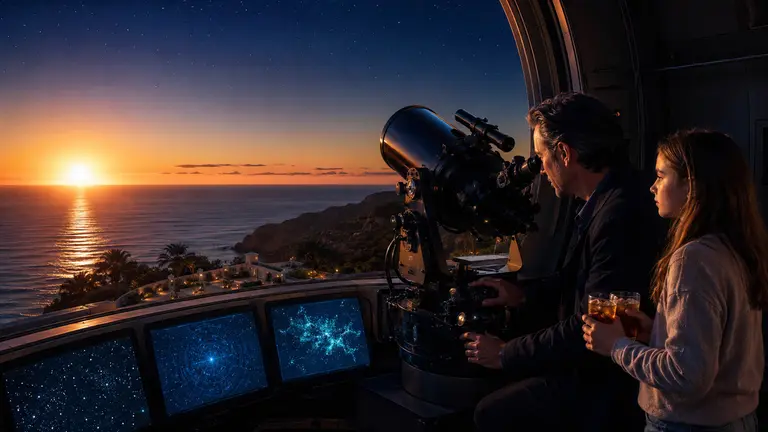 A father and daughter watching the sunset beside a telescope in a coastal observatory