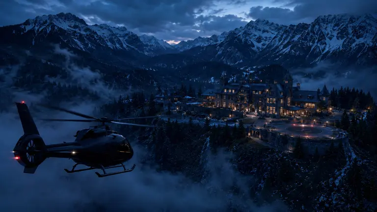A helicopter approaching a secluded estate in the snowy Rocky Mountains at blue hour