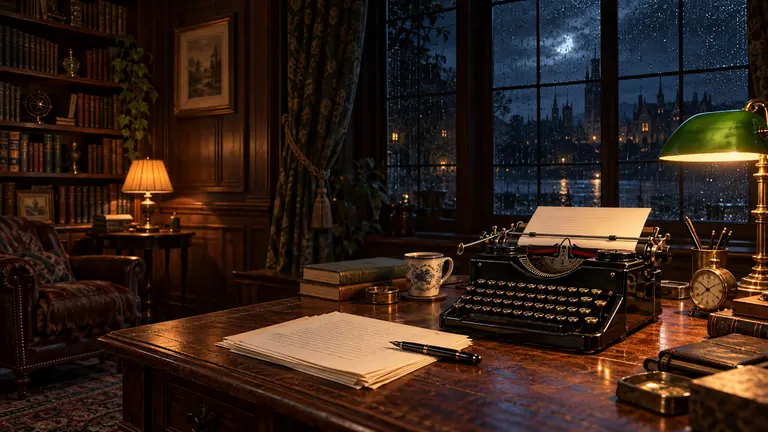 A vintage typewriter and manuscript on a walnut desk in a rainlit writer’s study at night