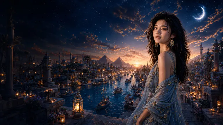 Lin Yue seated above a lantern-lit dream city with waterways, pyramids, and a crescent moon