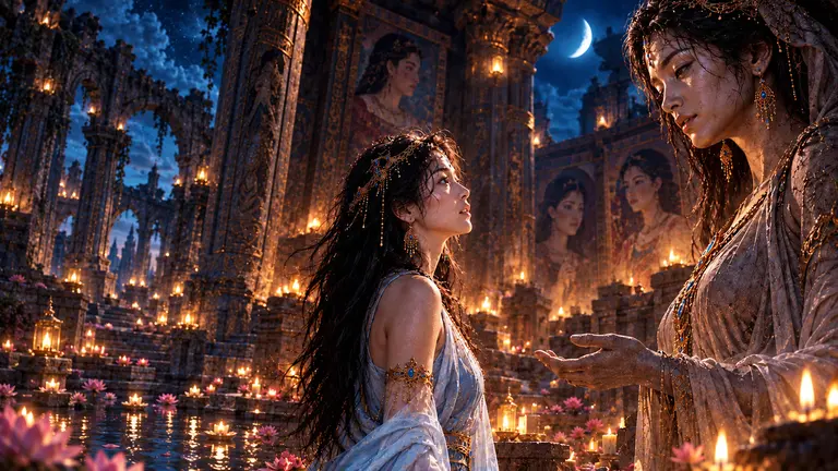 Lin Yue facing a monumental goddess amid candlelit reflections of familiar faces