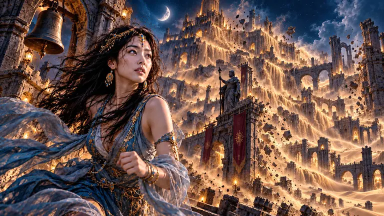 Lin Yue in a blue-and-gold dress before a dream city collapsing into falling sand beneath a crescent moon