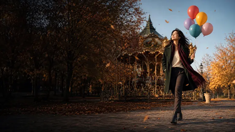Lin Yue walking past an autumn carousel while holding five colorful balloons