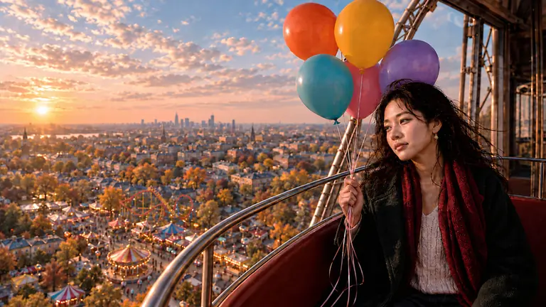 Lin Yue holding colorful balloons high above an autumn fair at sunset