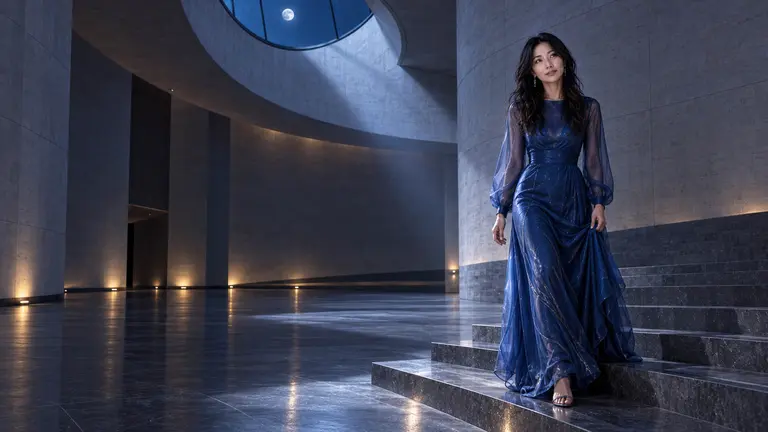 Lin Yue in a deep blue dress beneath a circular moonlit opening in a modern hall