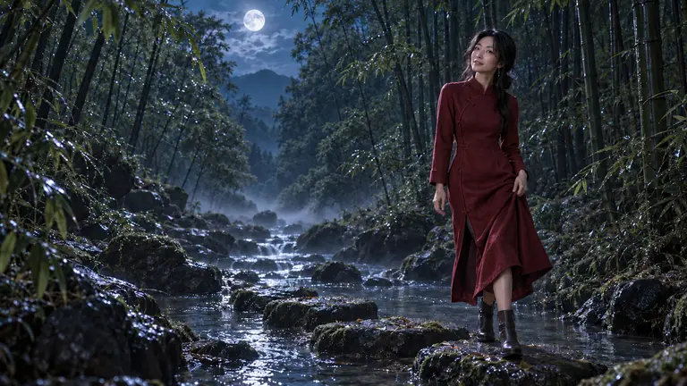 Lin Yue walking through a moonlit bamboo forest