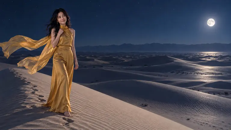Lin Yue in a flowing gold dress crossing moonlit desert dunes beneath a clear night sky