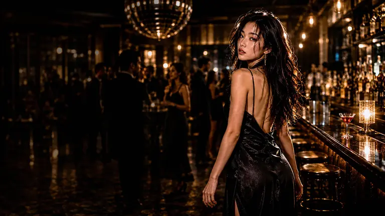 Lin Yue in a black evening dress looking back beside an amber-lit bar