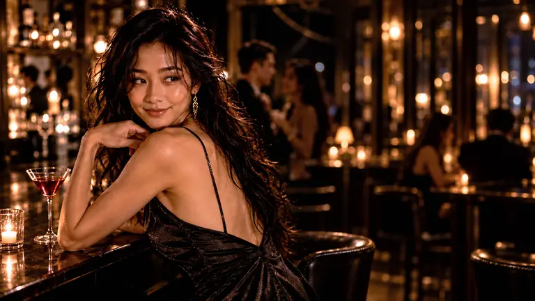A close portrait of Lin Yue smiling over her shoulder at a warmly lit bar
