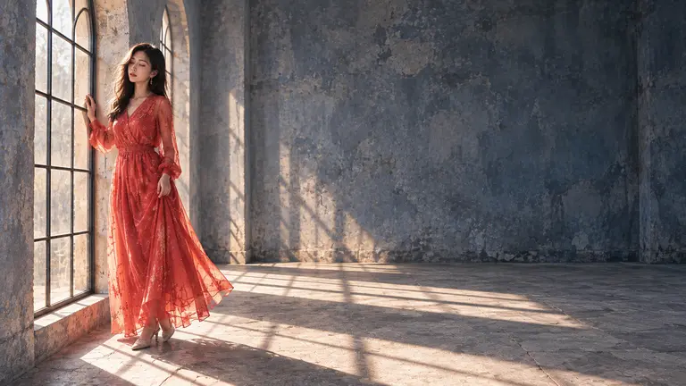 Lin Yue in a flowing crimson dress beside a tall window in a sunlit loft