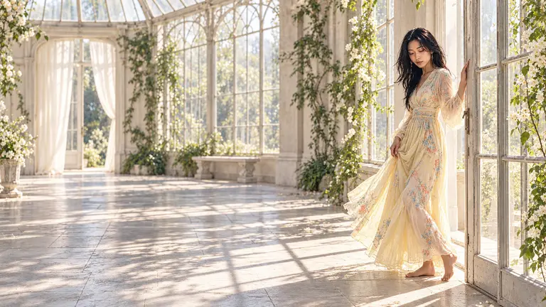 Lin Yue in a pale flowing dress inside a bright glasshouse filled with morning light