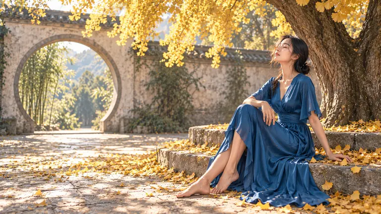Lin Yue in a flowing blue dress resting beneath golden ginkgo leaves in a sunlit courtyard