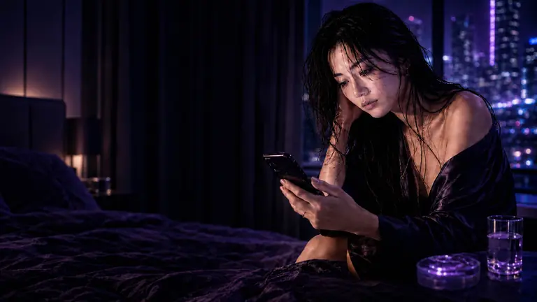 Lin Yue sitting on a purple bed reading a message on her phone against a neon city skyline