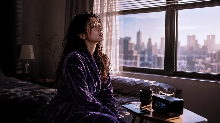 Lin Yue wearing a purple robe beside a sunlit bedroom window overlooking the city