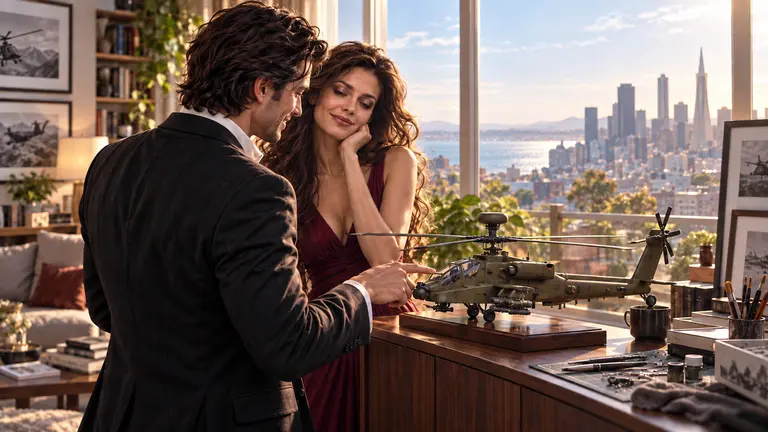 Steve sharing a quiet moment with Sarah beside a model Apache helicopter in a sunlit room overlooking San Francisco