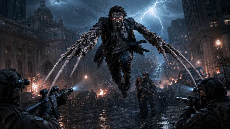 Steve leaping between armed soldiers and civilians as the city burns behind him