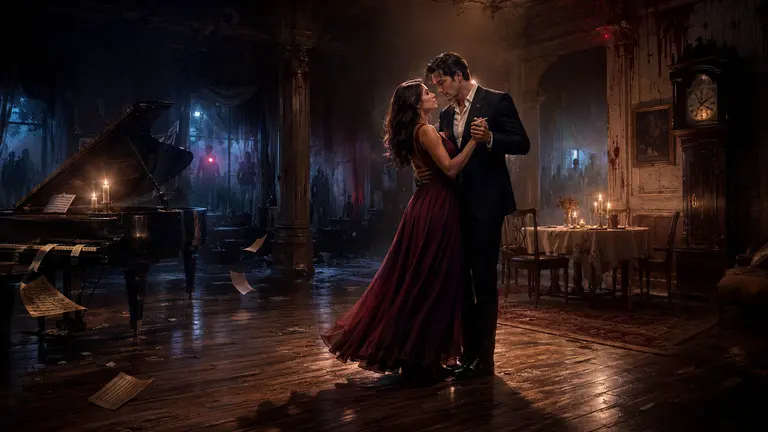 A man and woman dancing in an abandoned candlelit ballroom beside a grand piano