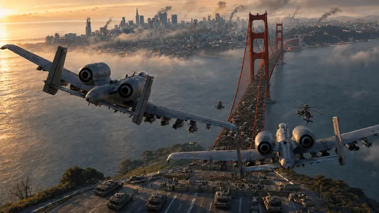Two A-10 aircraft approaching the Golden Gate Bridge as helicopters defend it at dawn