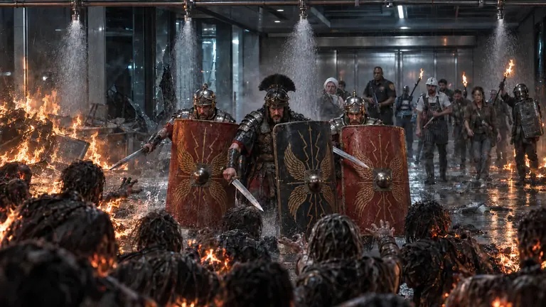Roman reenactors forming a shield wall against the infected in a burning city plaza