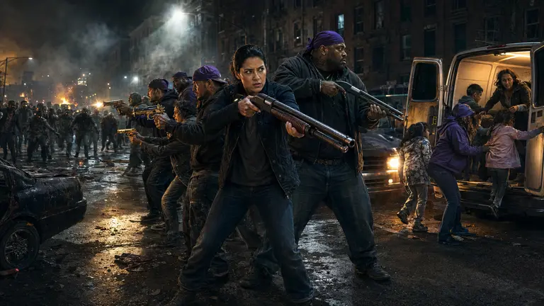 Rosa and the 63rd defending a city street while civilians escape into waiting vans