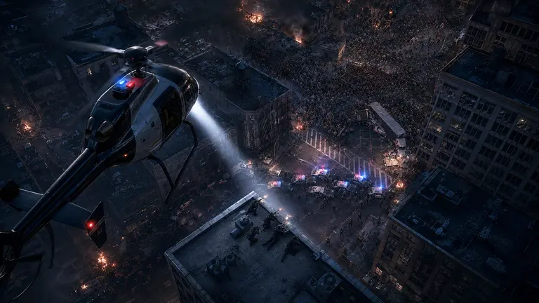 A police helicopter and rooftop SWAT team overlooking streets filled with infected