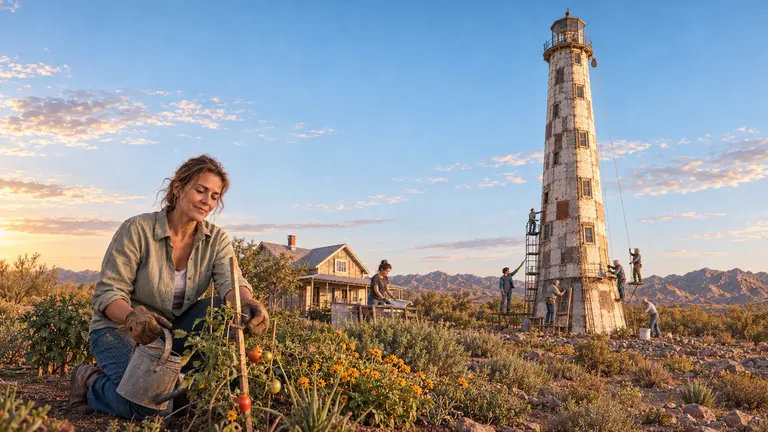 Sarah Harker tending a desert garden while the builder team finishes the lighthouse behind her