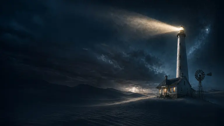 A solitary lighthouse casting its beam across a windswept landscape beneath a star-filled night sky