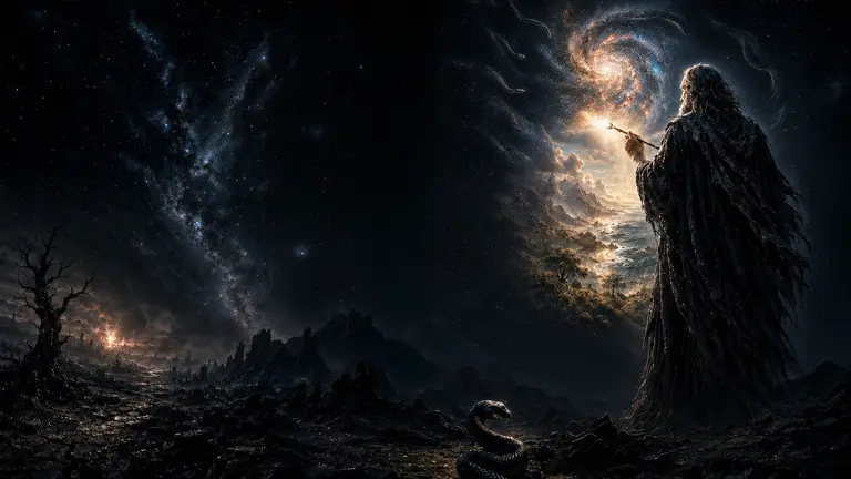 The Creator painting a luminous new universe above a dark, rocky landscape beneath the stars