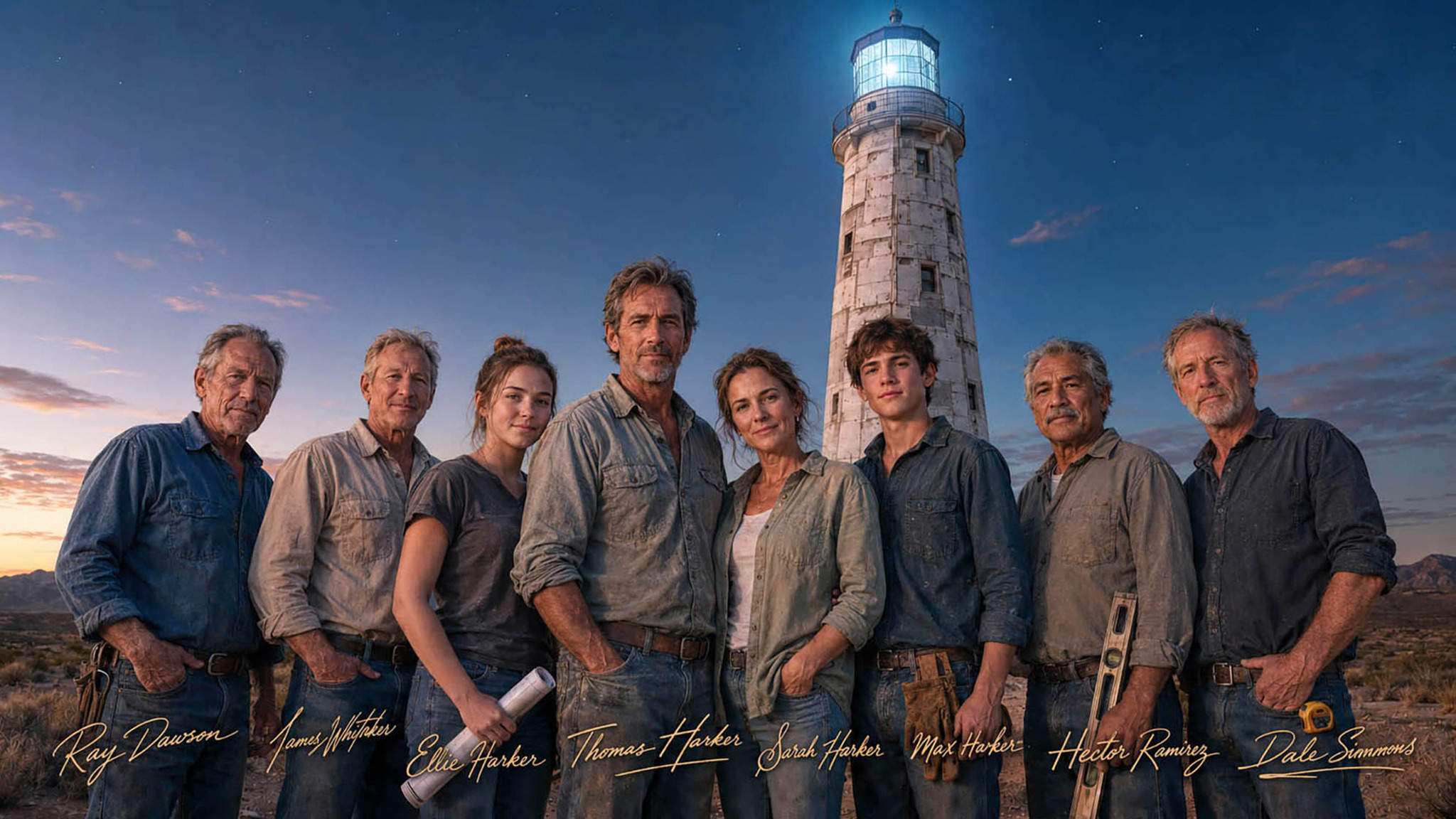 The Harker family and lighthouse builders standing together before the lighthouse